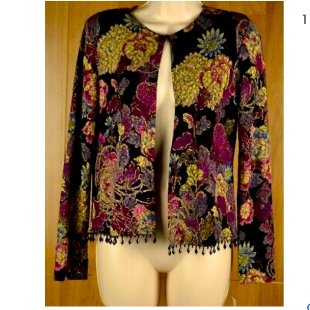 MSK Jacket Textured Floral Gold Beaded Fringe Hem Black Purple